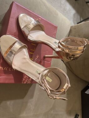 Strappy Metallic Rose Gold Ankle-Heel Sandals